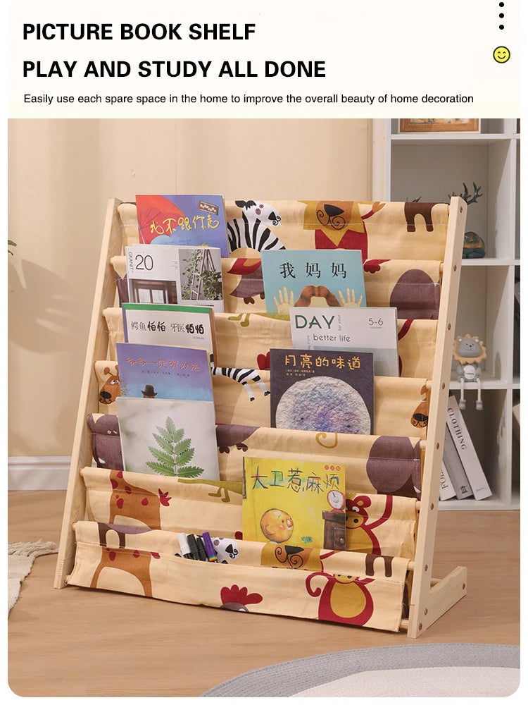 Solid Wood Children Bookshelf Multi-Layer Movable Shelf