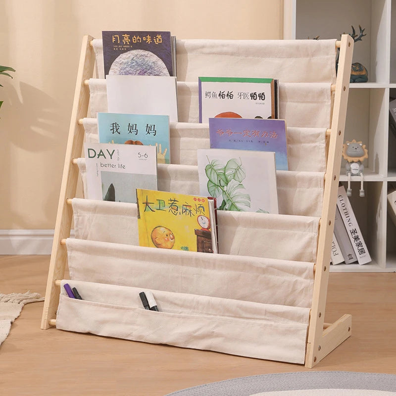 Solid Wood Children Bookshelf Multi-Layer Movable Shelf