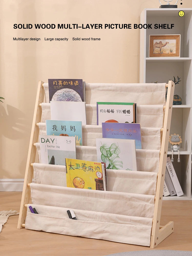 Solid Wood Children Bookshelf Multi-Layer Movable Shelf